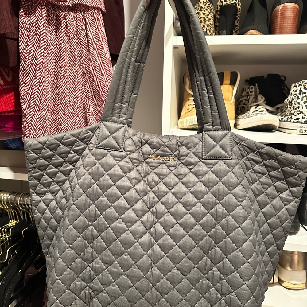 MZ Wallace Gray Quilted Tote Bag with Wide Straps and Roomy Design